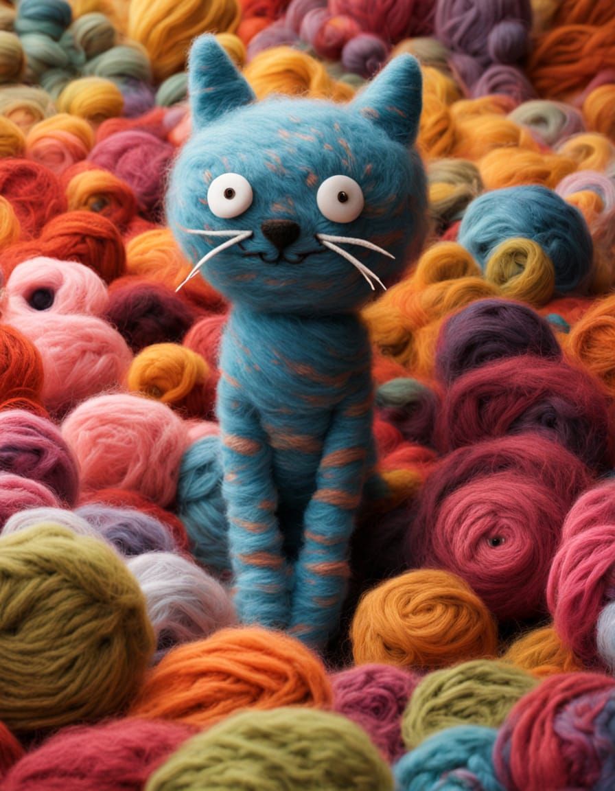 Whimsical Wool Cat in Textile Art Style