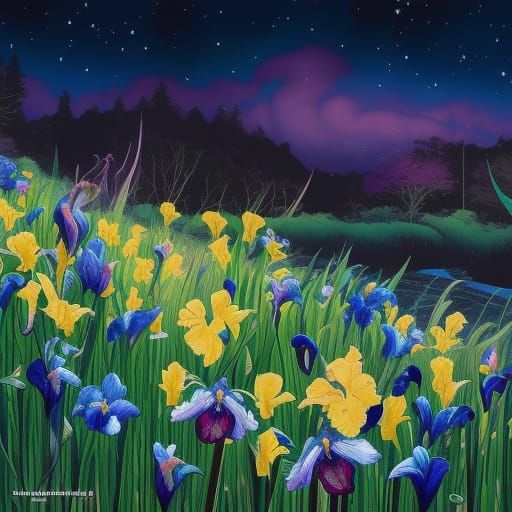 Enchanted Flower Meadow under Starry Night Sky