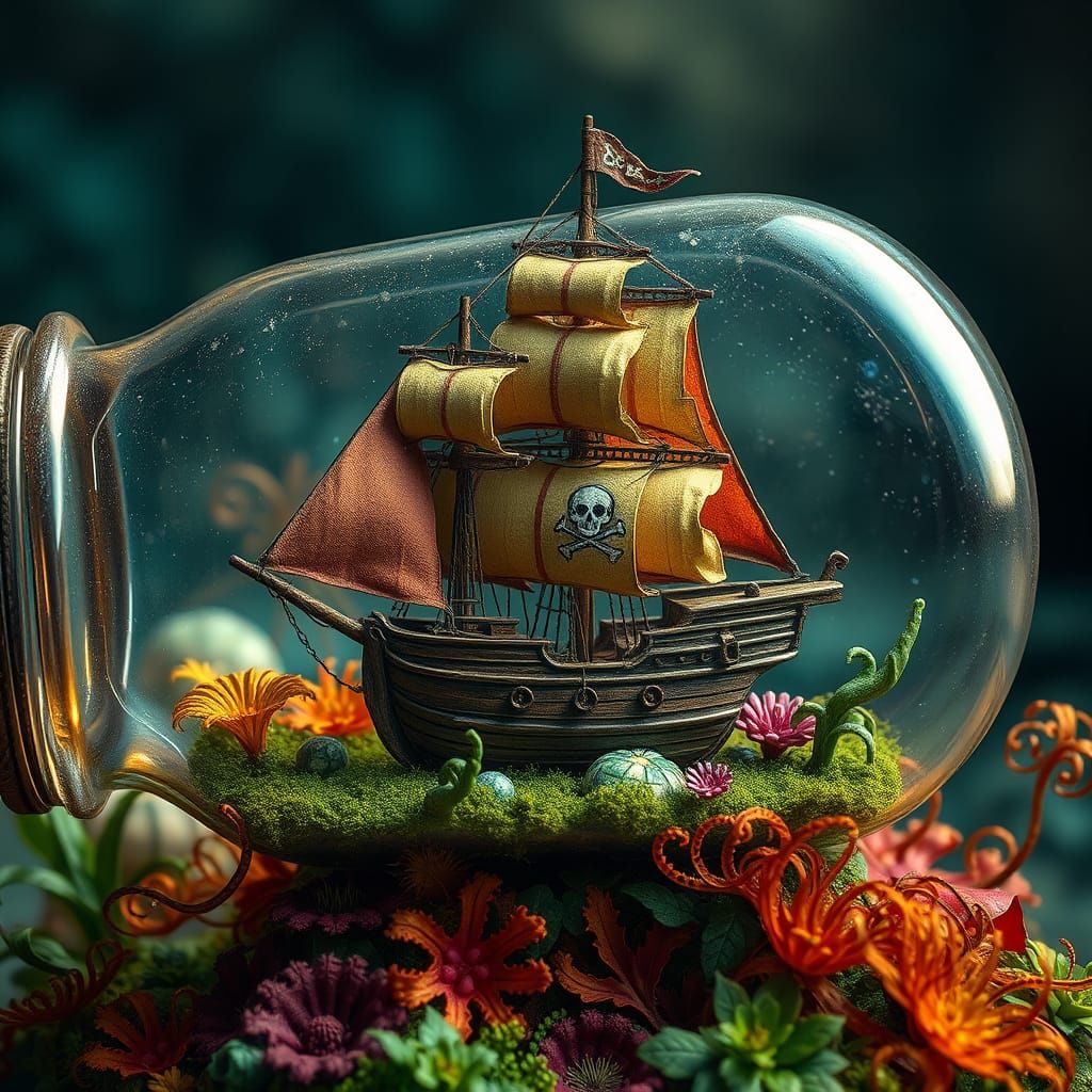 Vintage Pirate Ship in a Magical Glass Bottle