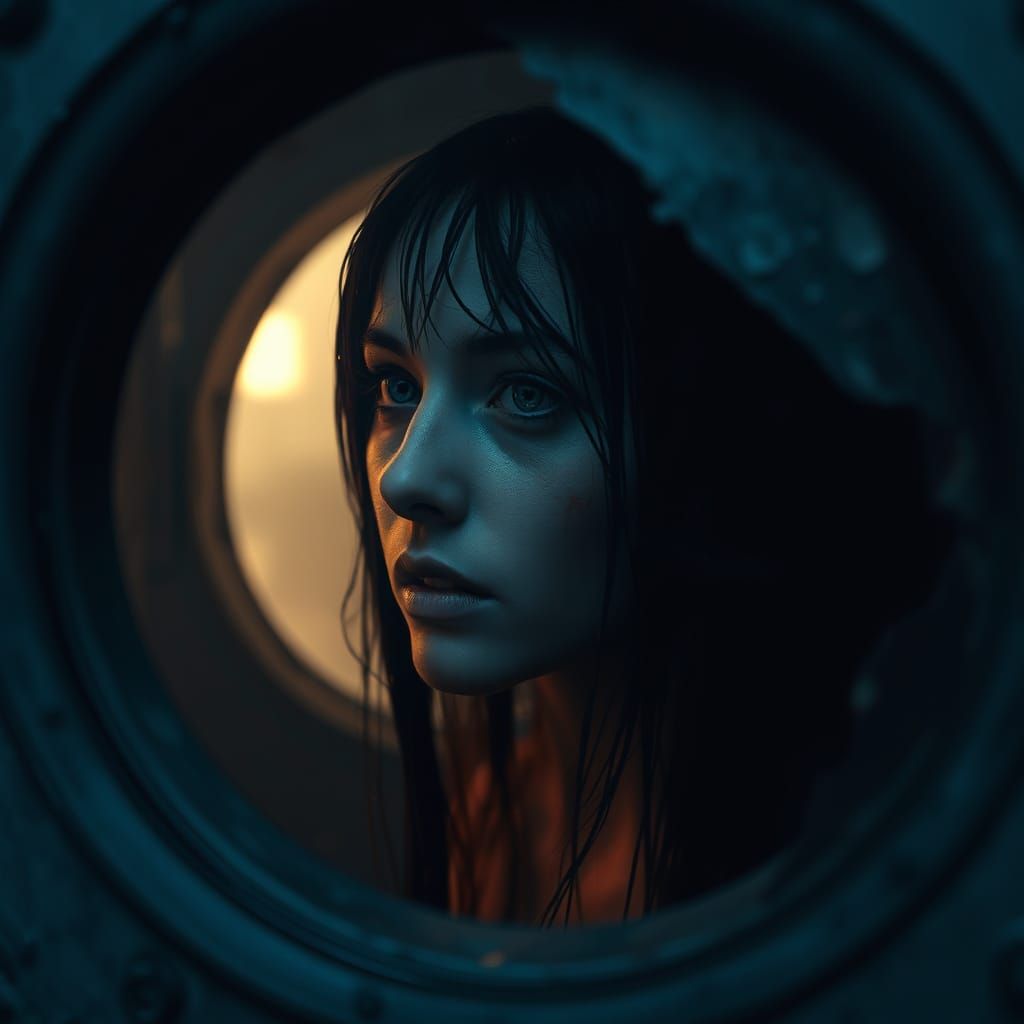 Ghostly Woman in Porthole: Hyper-Realistic Horror