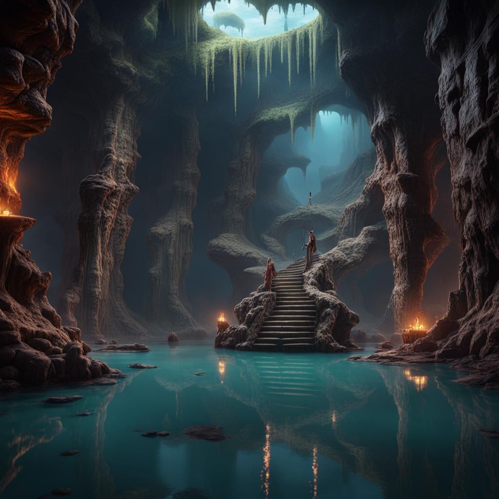 Fantastical Underground Lake in Detailed Matte Painting