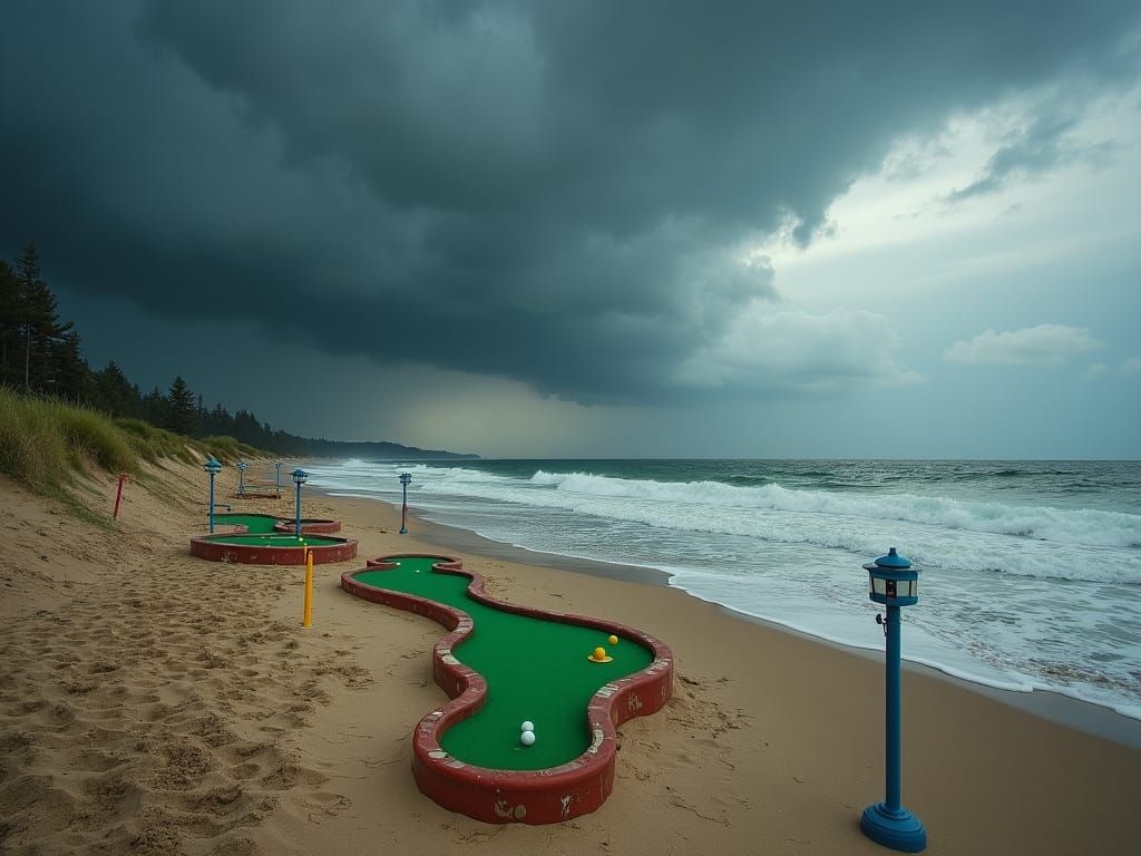 Miniature Golf on Stormy Beach: Surreal Scene