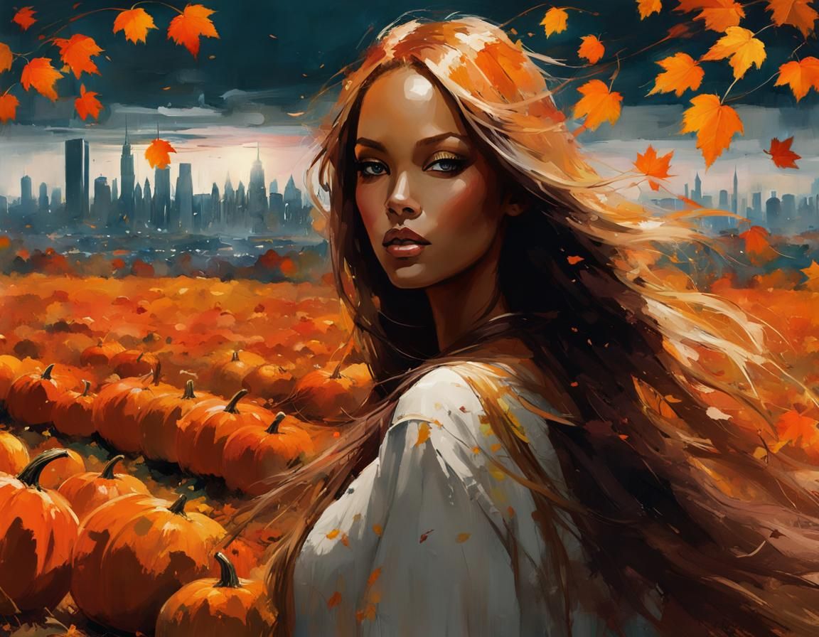 Autumnal Scene with Model in Splash Ink Art Style