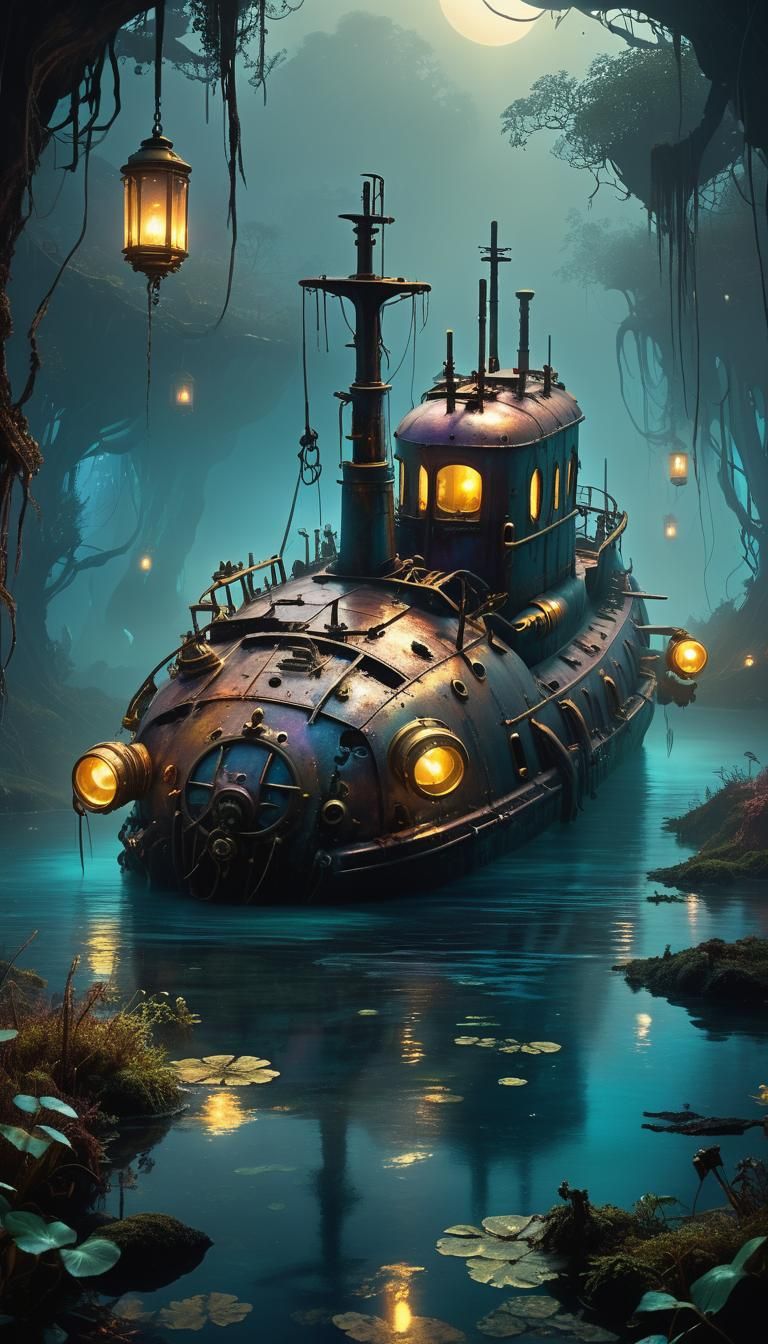 Steampunk Submarine Shipwreck in Bioluminescent Swamp