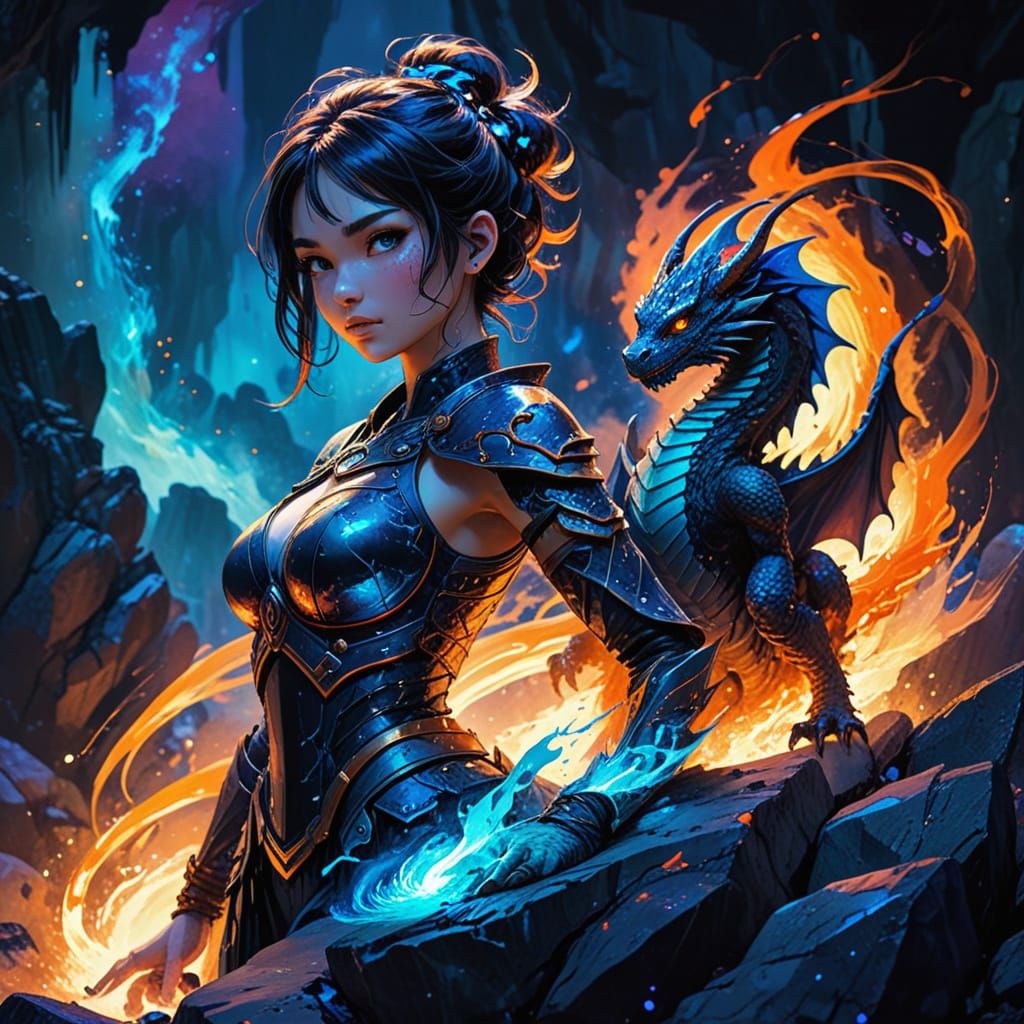 Vibrant Chibi Warrior in Ethereal Glow, Aquarell Ink Masterp...