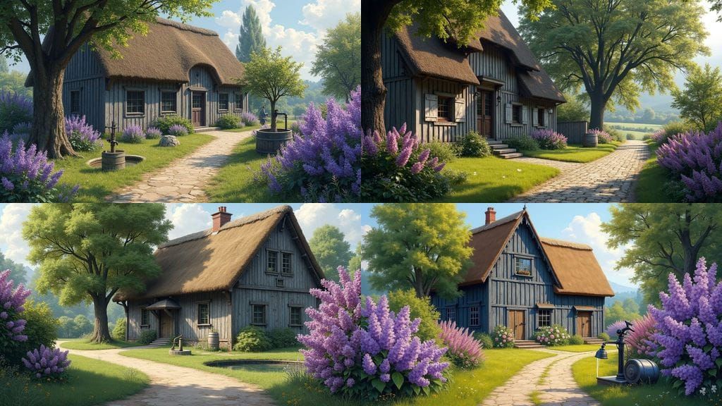 Old Wooden Farmhouse with Thatched Roof and Apple Tree