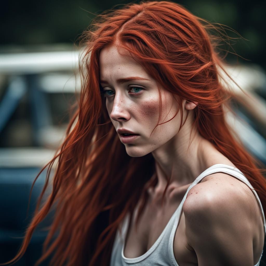 Sad Girl with Red Hair and Heterochromia