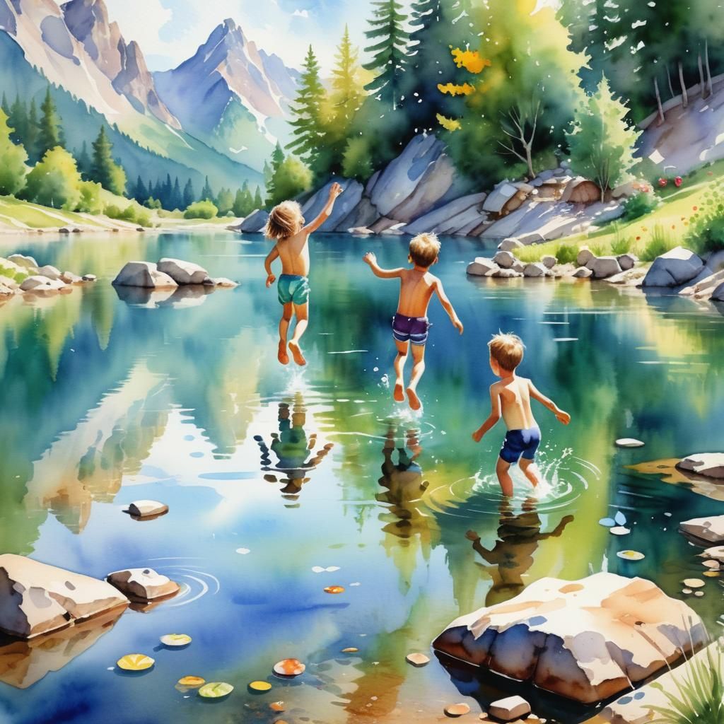 Children Play in a Serene Mountain Lake on a Summer Day