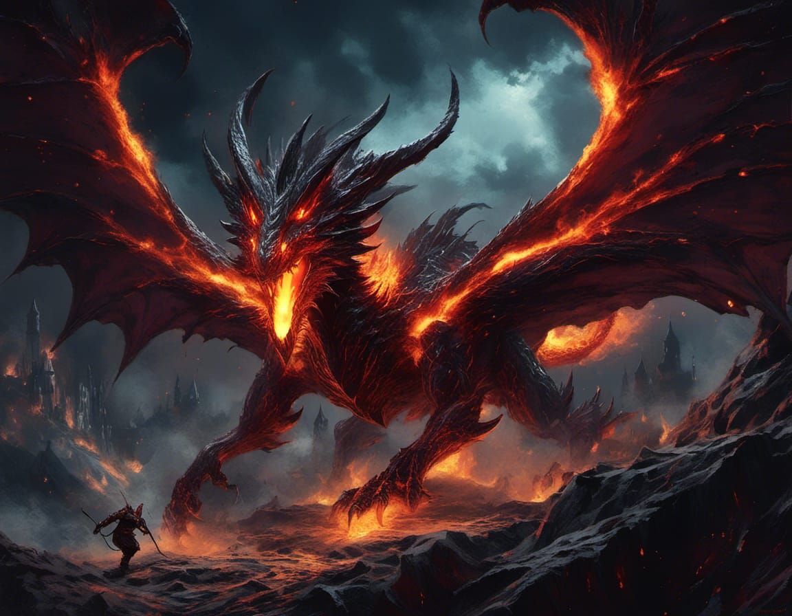 Fiery Wyvern in Desolate Wasteland, Watercolor Art