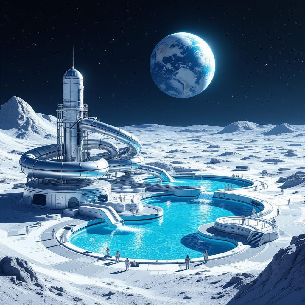 Futuristic Lunar Water Park with Earth View