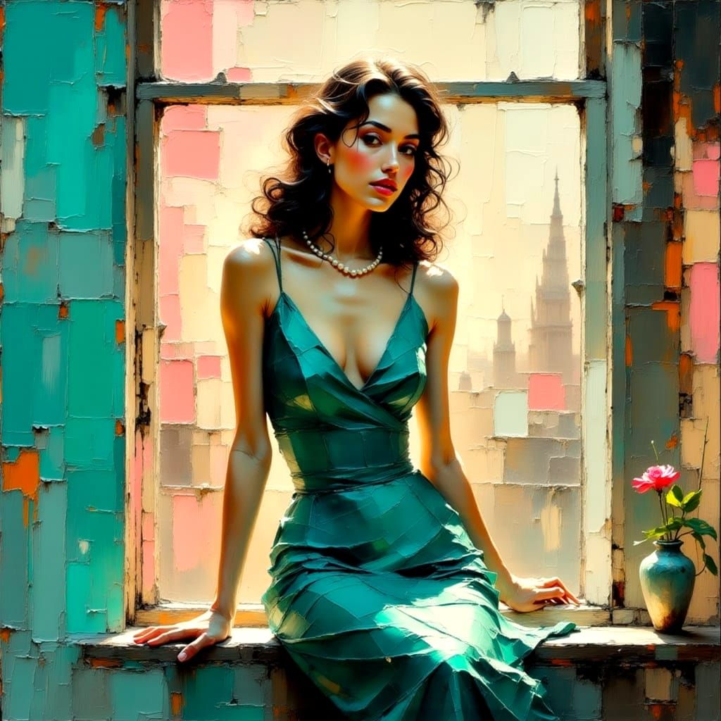 Elegant Lady in 1960s Dress as Impasto Painting