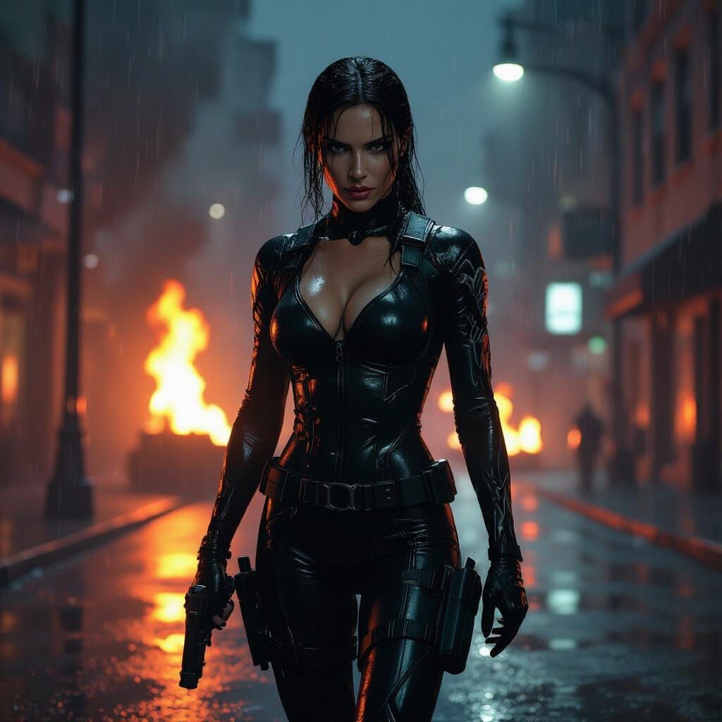 Lara Croft in Venom Suit, Neon City at Night