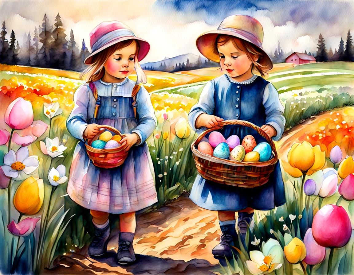Children's Easter Egg Hunt, Watercolor Charcoal Drawing