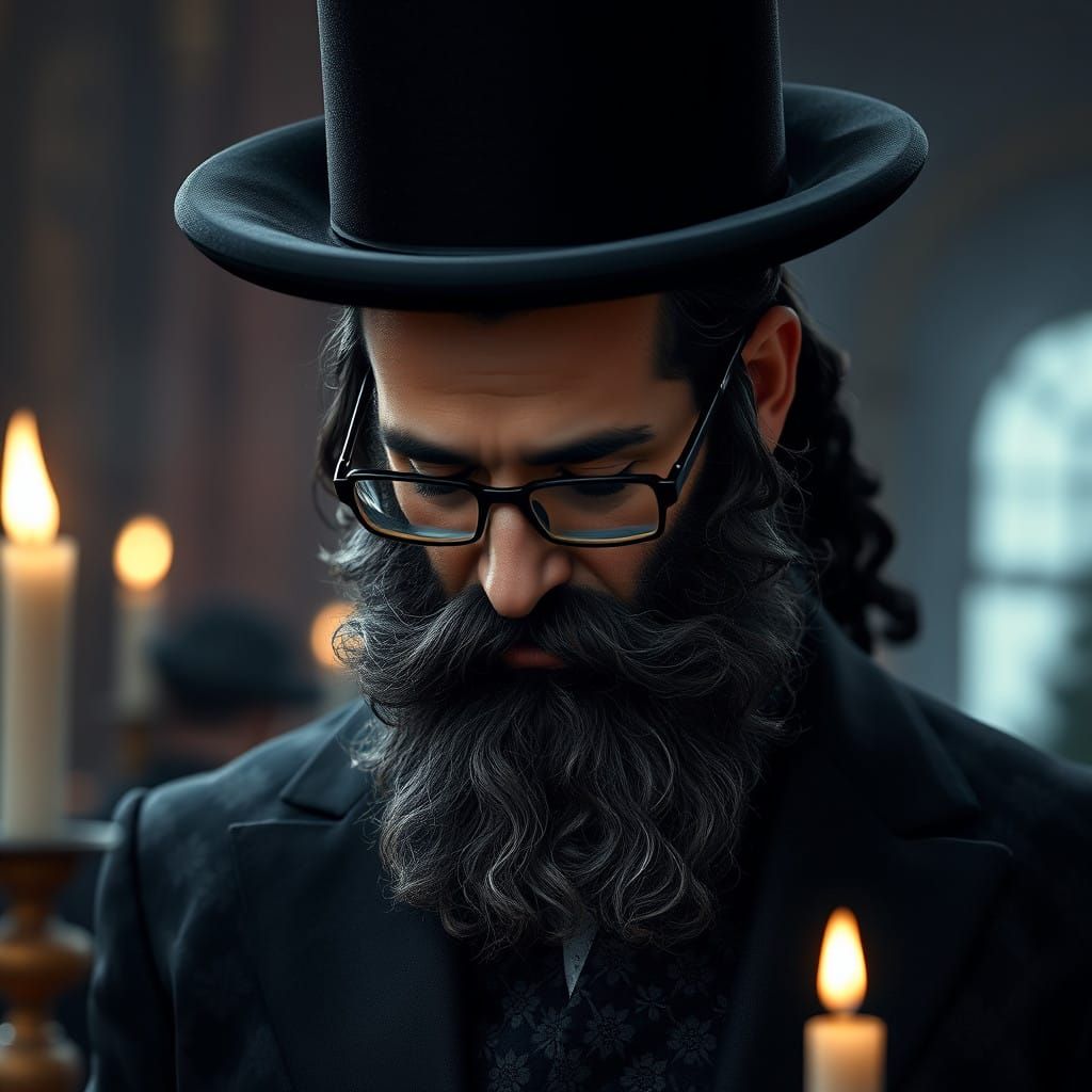 Solemn Hasidic Figure in Ornate Fantasy Attire