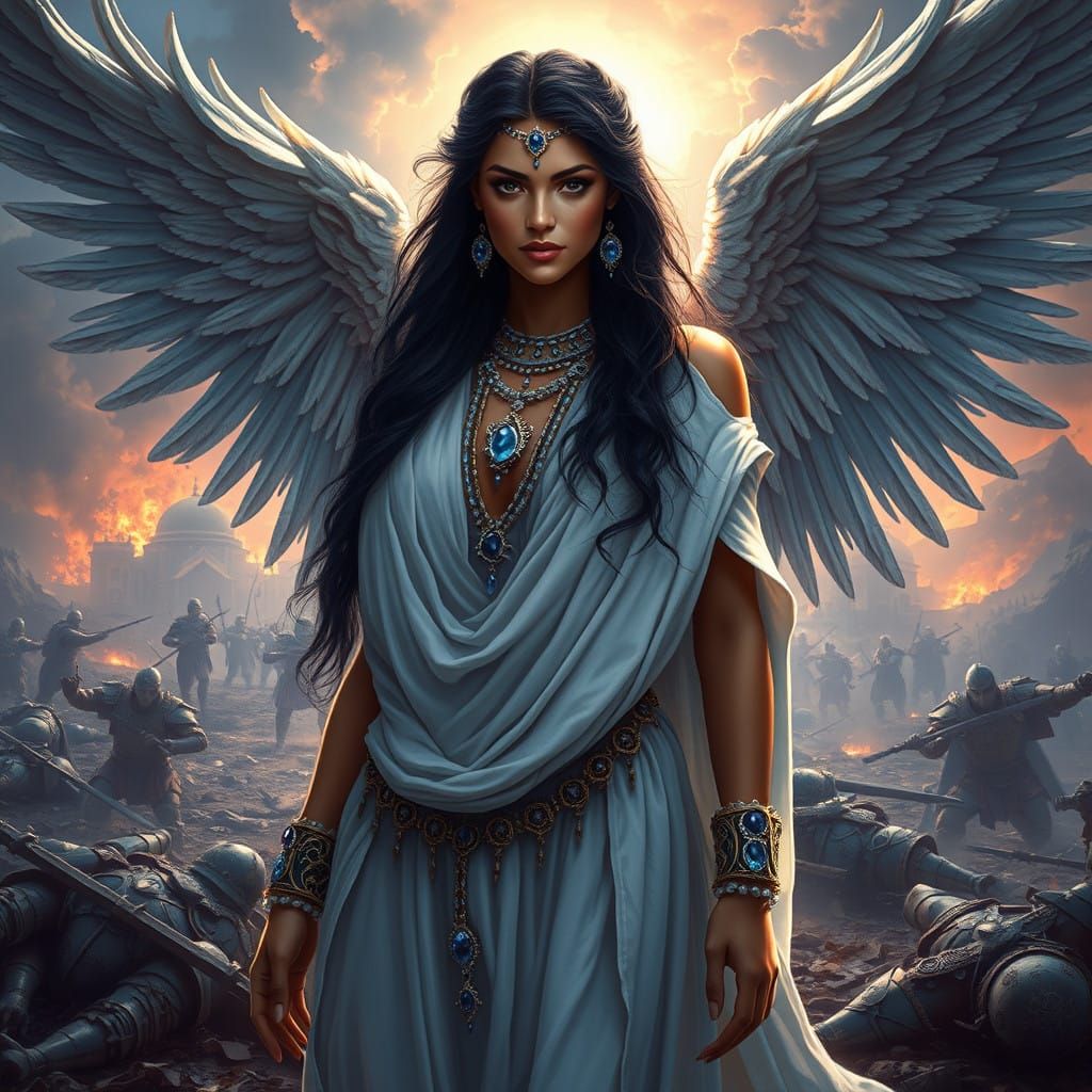 Regal Ishtar Goddess Reigns Over a Battlefield in Celestial....