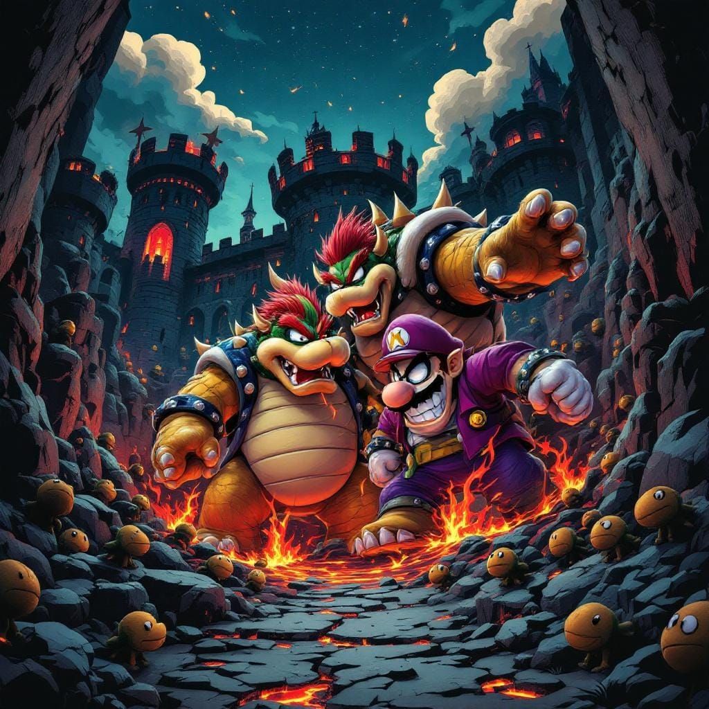 Bowser and Wario in Ominous Castle: Dark Fantasy Art