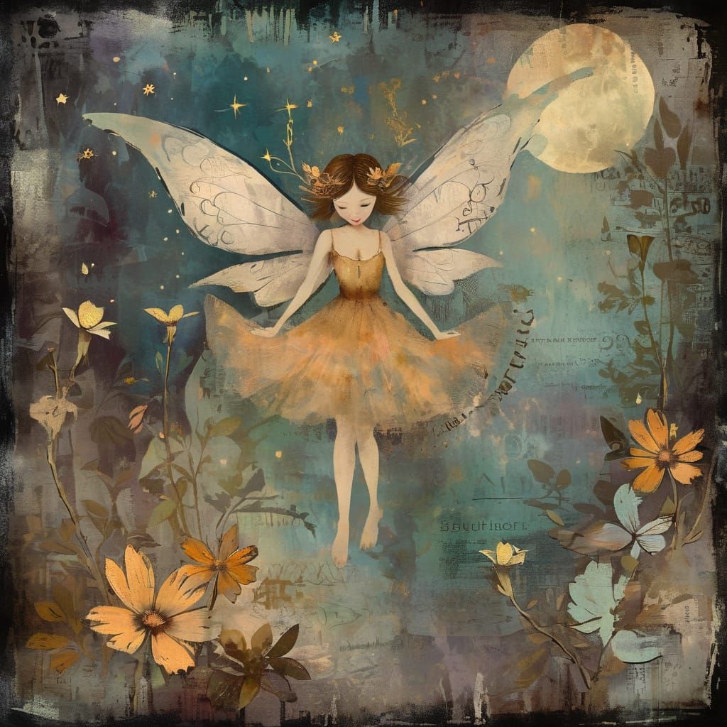 Whimsical Fairy Nighttime Scene in Distressed Painting Style