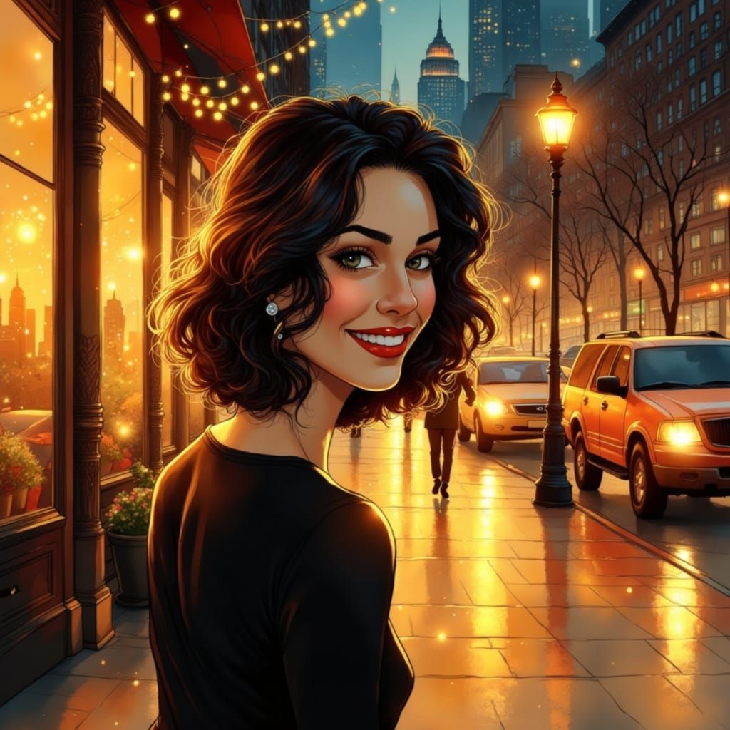 Woman Strolling Manhattan Street in Autumn Evening