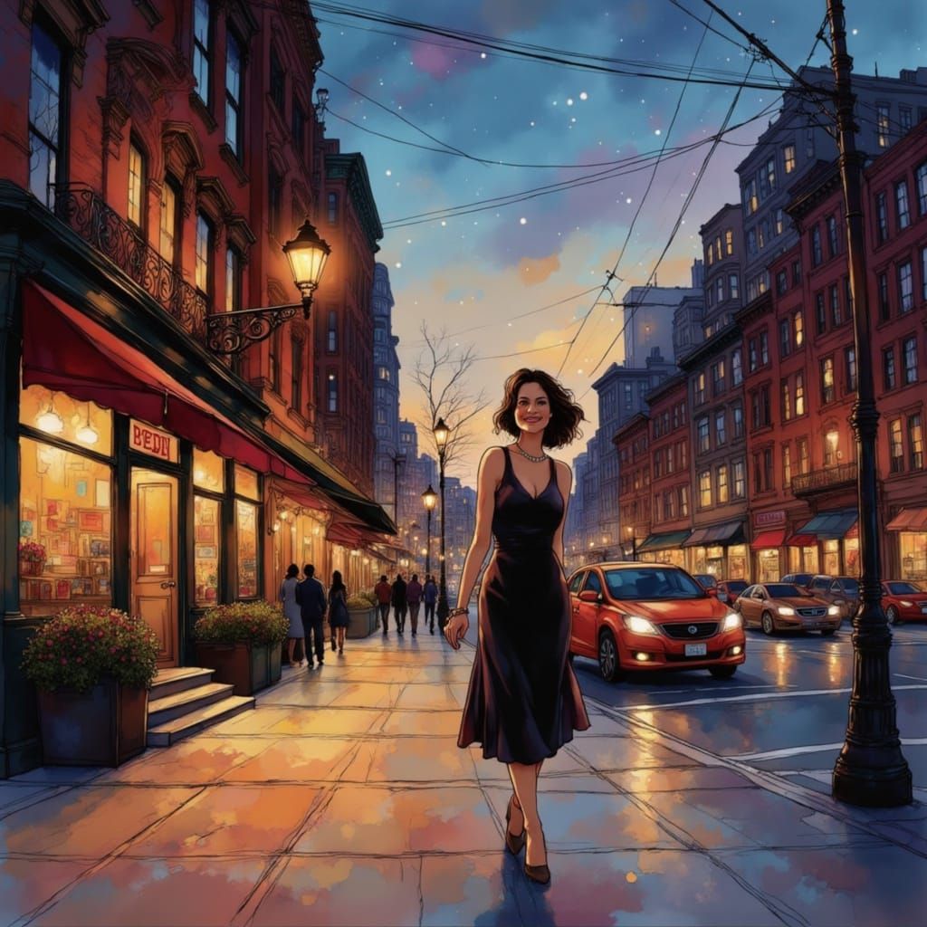 Woman Strolling Manhattan Street at Dusk in Impressionistic ...
