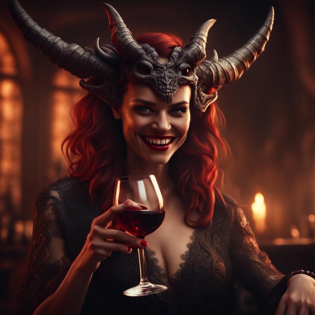 Smiling Female Demon Drinking Wine
