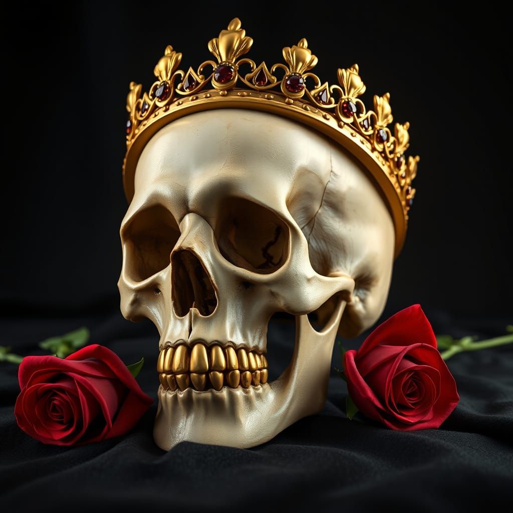Majestic Skull with Golden Crown and Roses