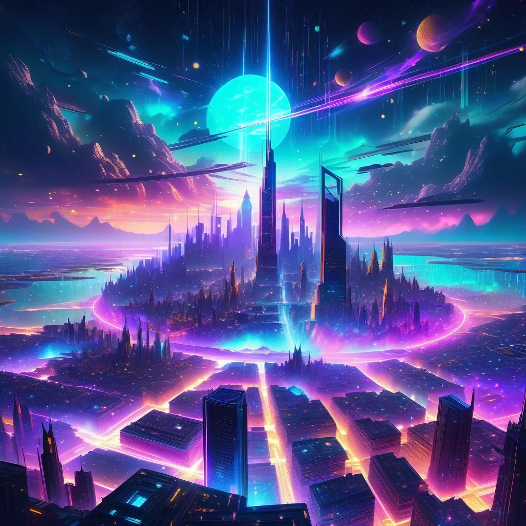 Holographic Cityscape Under a Starry Sky
