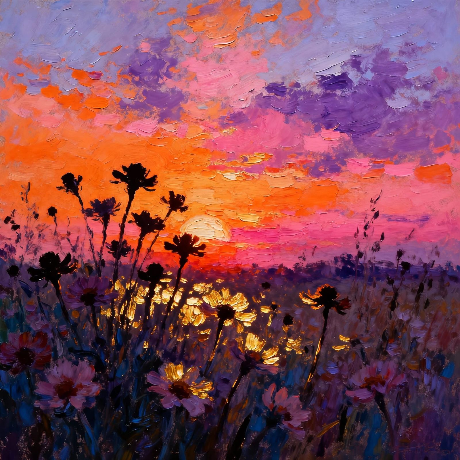 Impressionist Sunset Over Wildflower Field