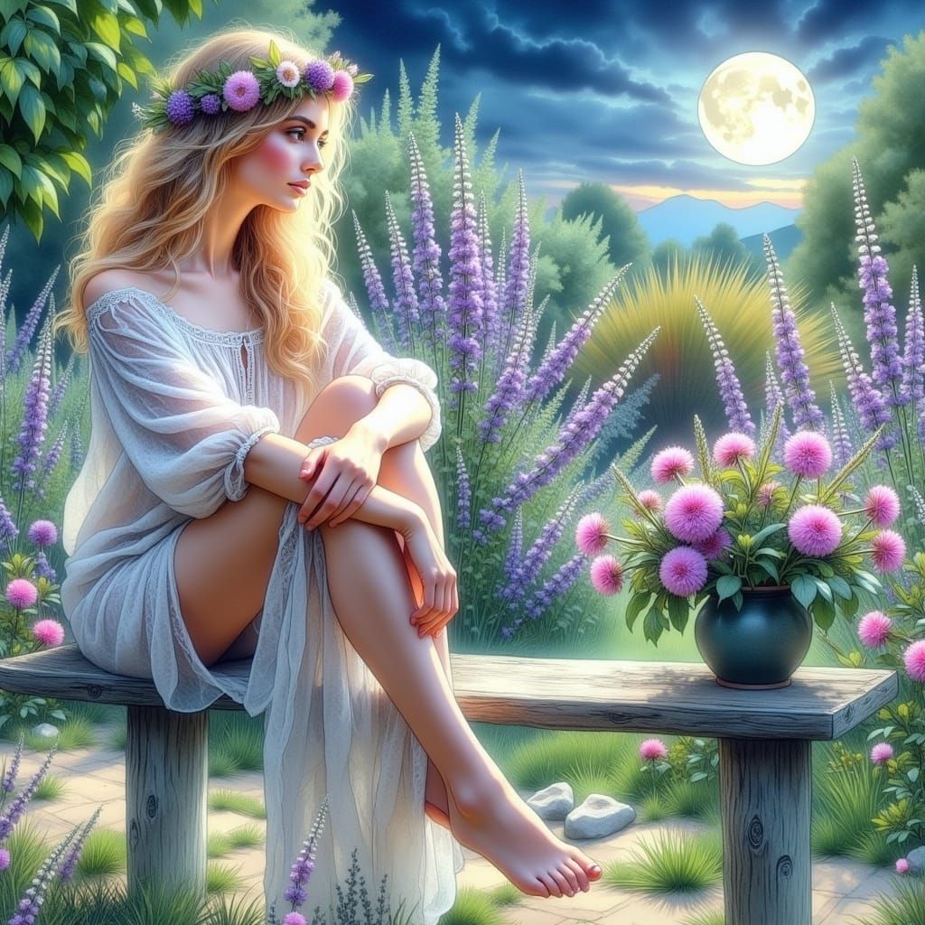 Woman in Moonlit Garden: Impressionistic Floral Portrait