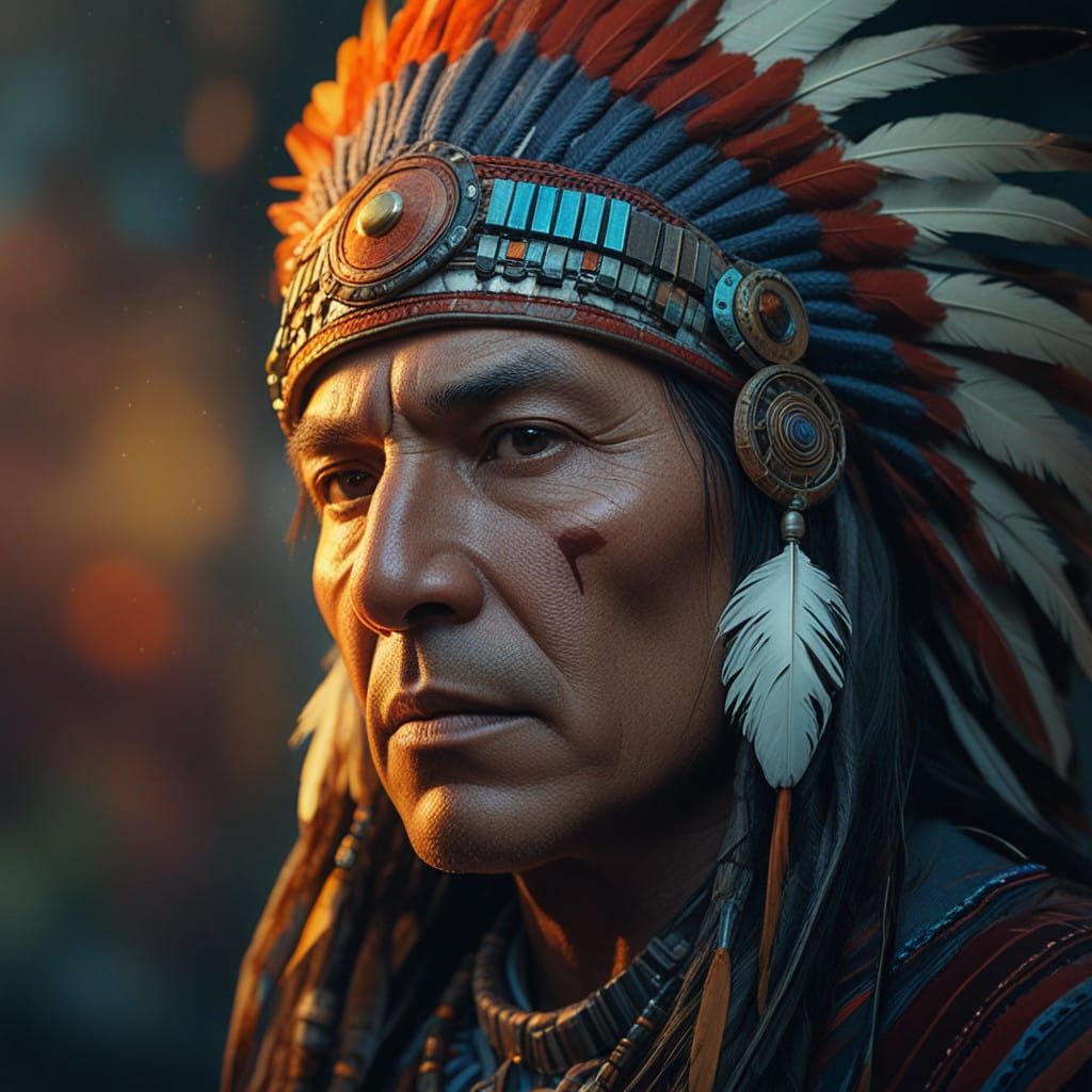 Regal Native American Chief in Vibrant Futuristic Landscape