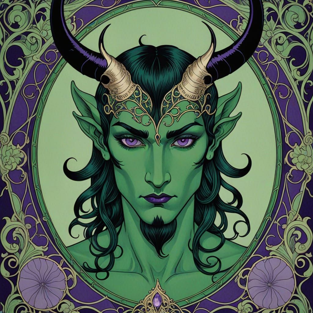 Art Nouveau Green Devil Portrait with Purple Eyes