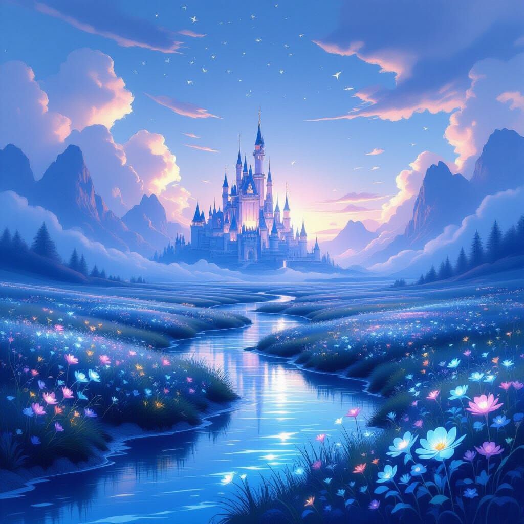 Ethereal Twilight Landscape with Floating Castle