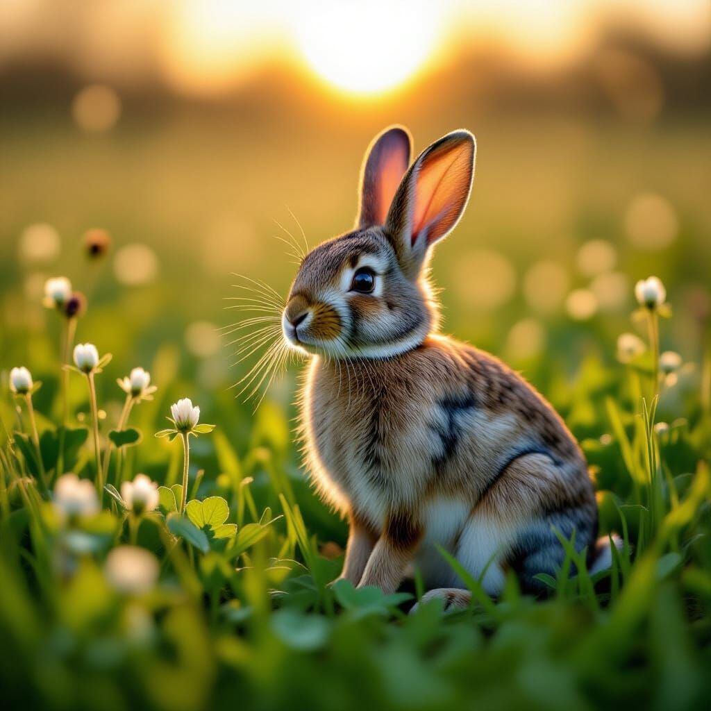 Realistic Rabbit in Sunrise Meadow with Dewy Clover