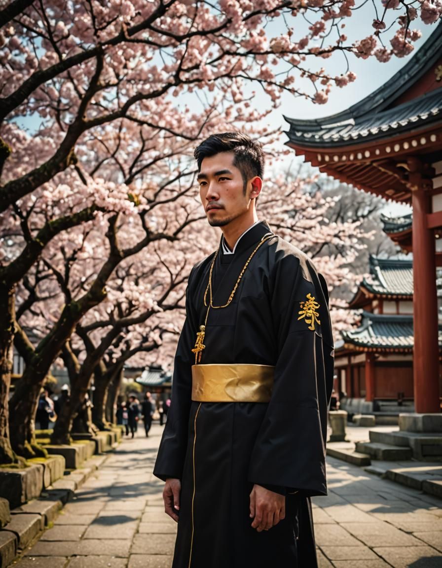 Shojoji Temple Priest in Cherry Blossom Season