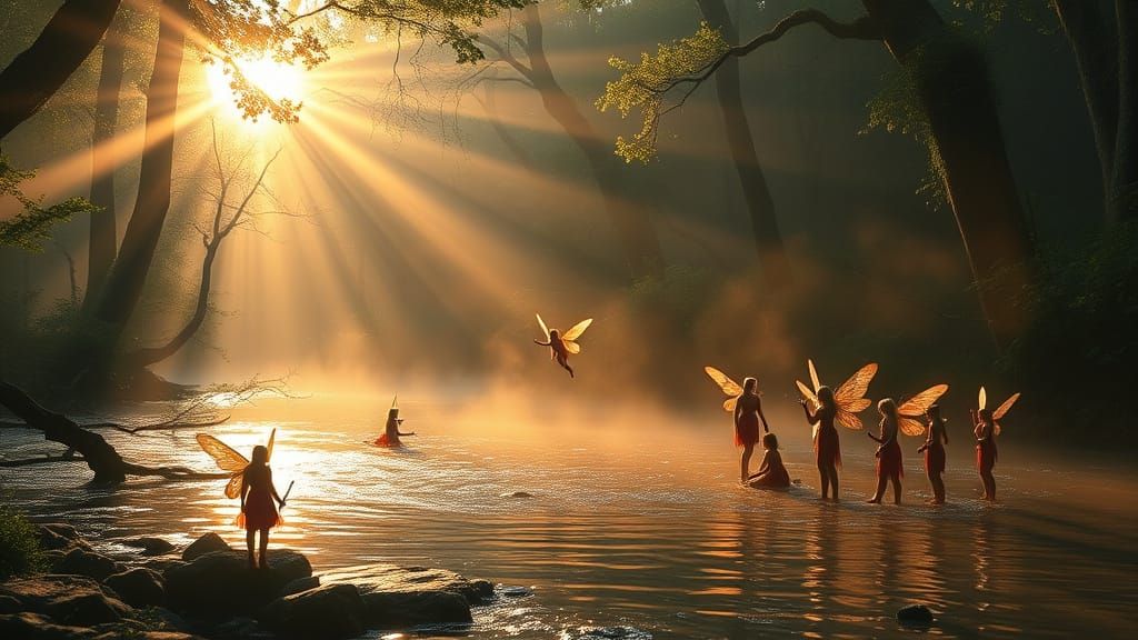 Magical Forest Scene: Elves and Fairies at Sunrise