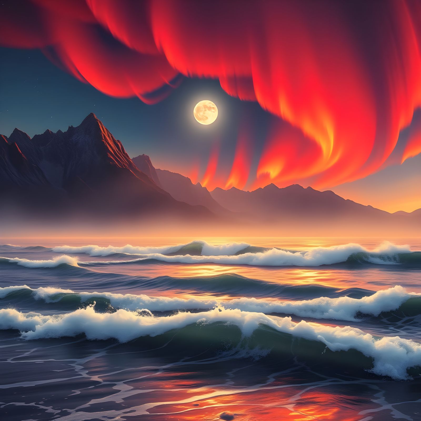 Crimson Aurora Dawn Over Majestic Mountains
