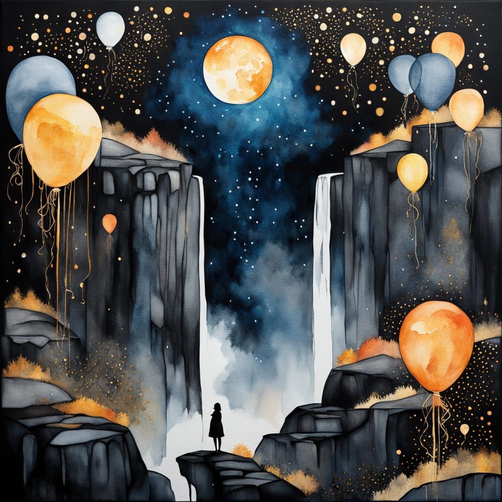Dreamlike Moonlit Waterfall Painting with Balloons