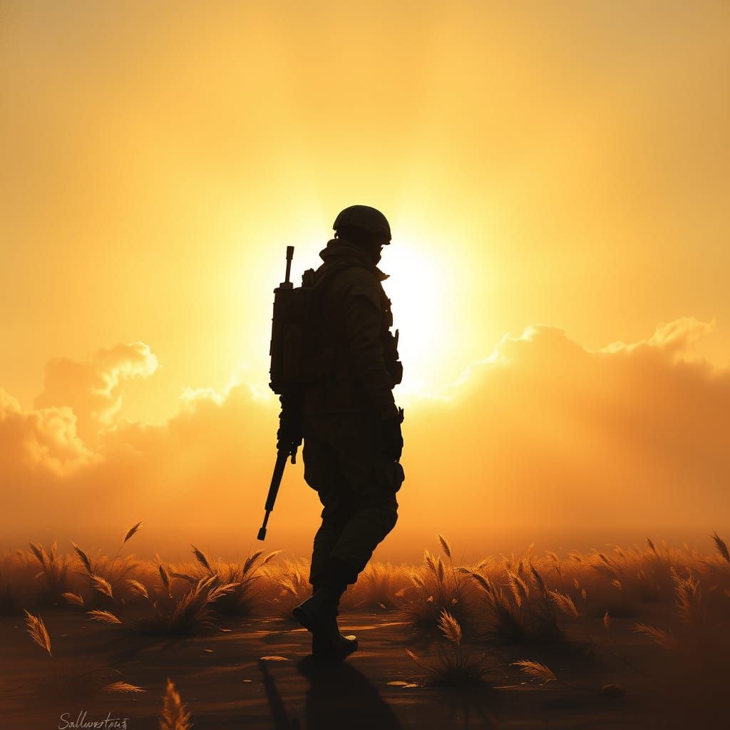 Soldier Walks Towards Light in Dystopian Landscape