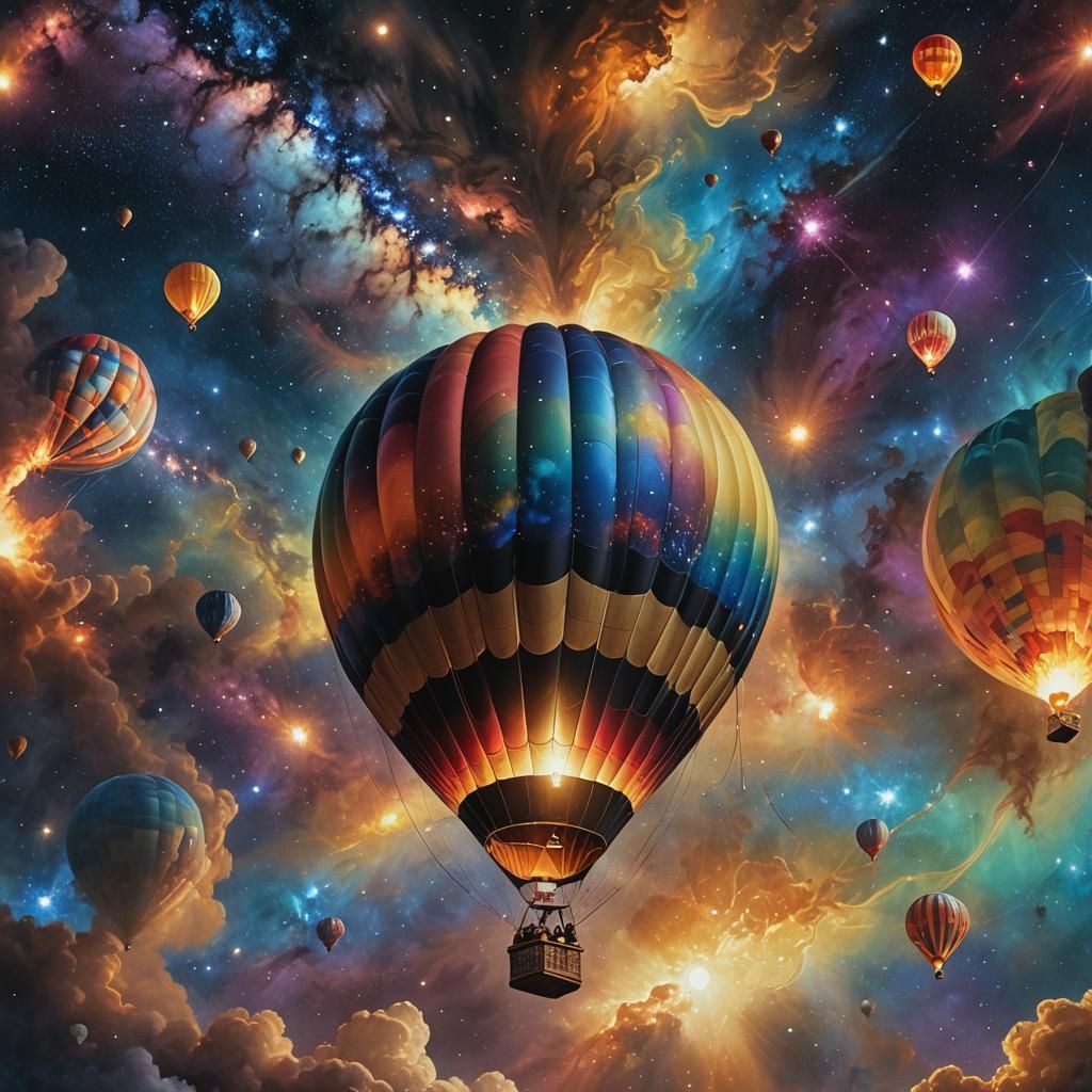 Glowing Hot Air Balloon Soaring Through Galaxy