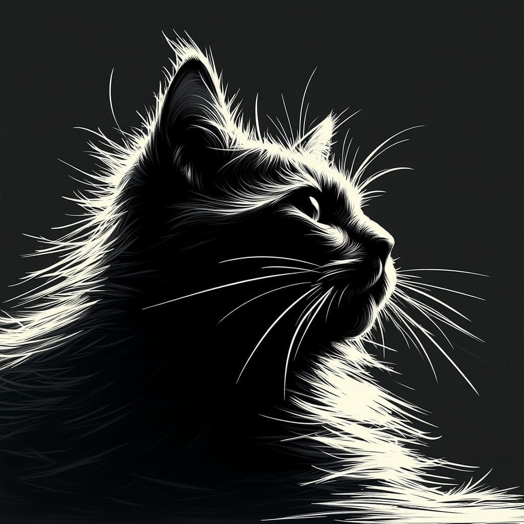 Minimalist Black Cat Profile in Charcoal and Gouache