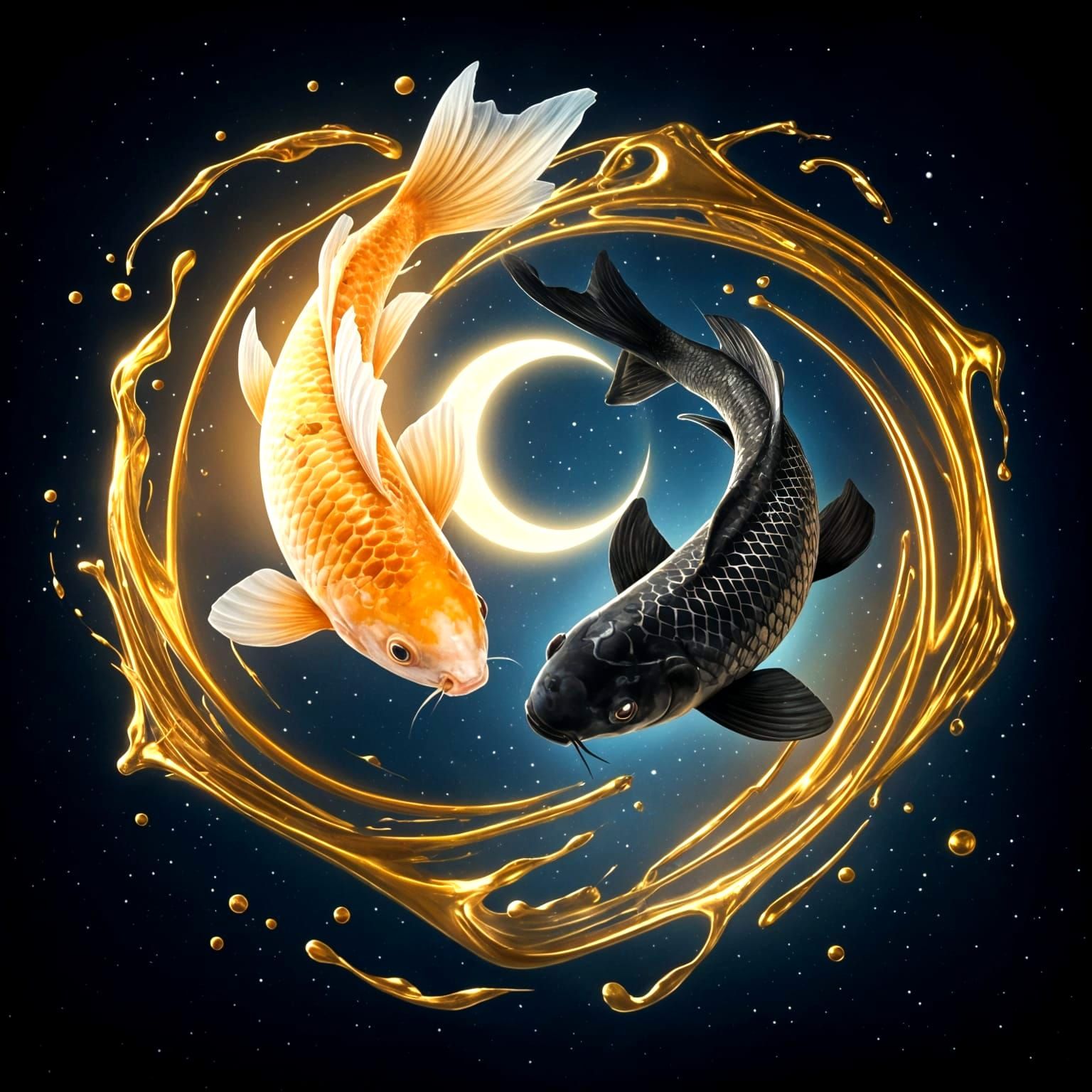 Surreal Koi Fish Dance Amidst Sun and Moon