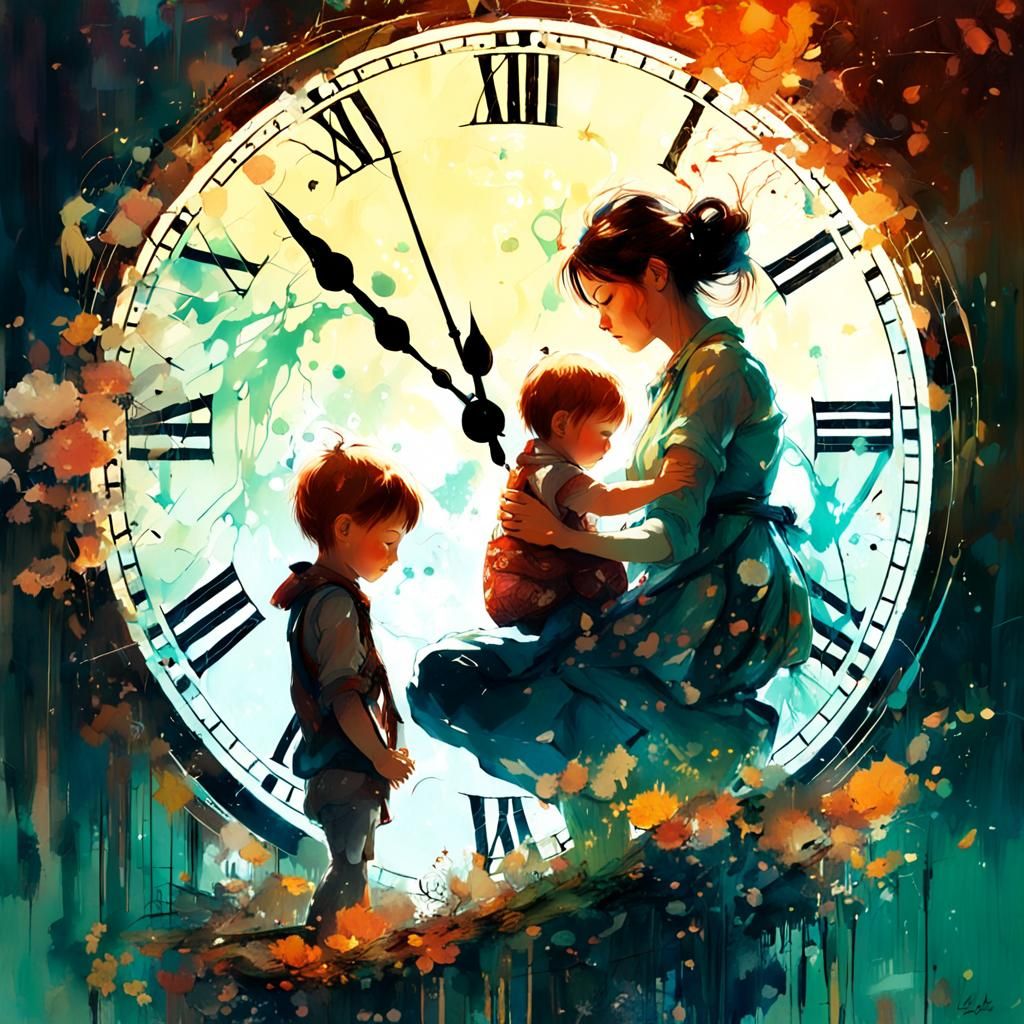 Mother and Child in Double Exposure Anime Style