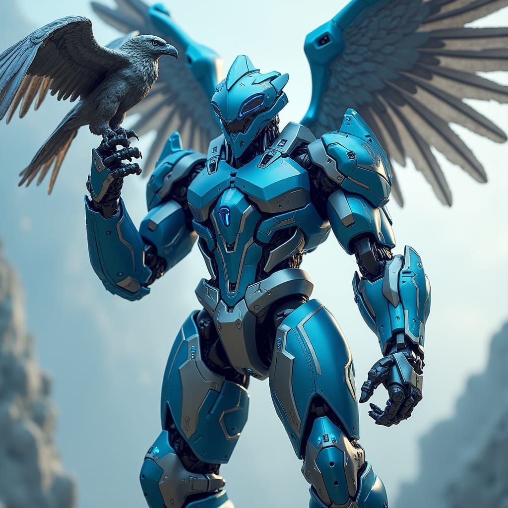 Cyan Armored Warrior with Robotic Hawk in Cyberpunk Style