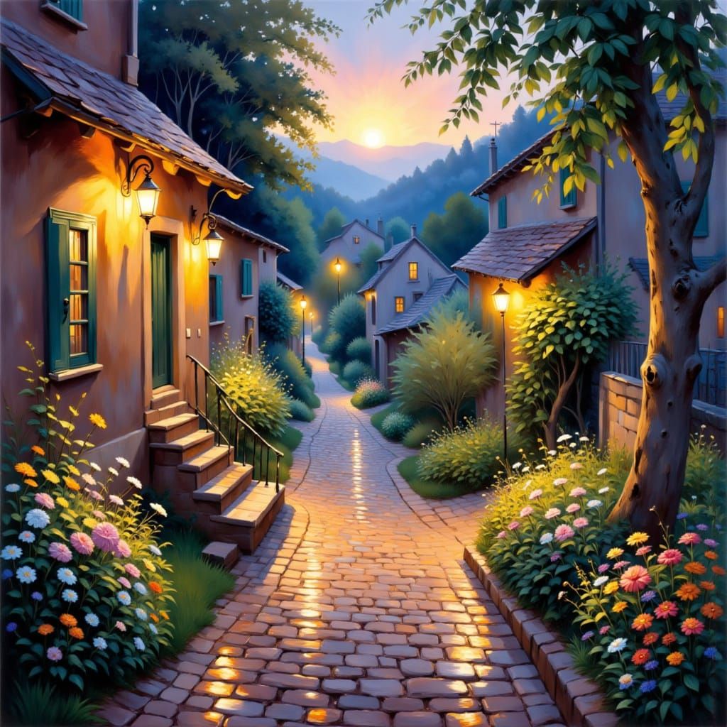 Old Lantern Glows on Cobblestone Path with Wildflowers