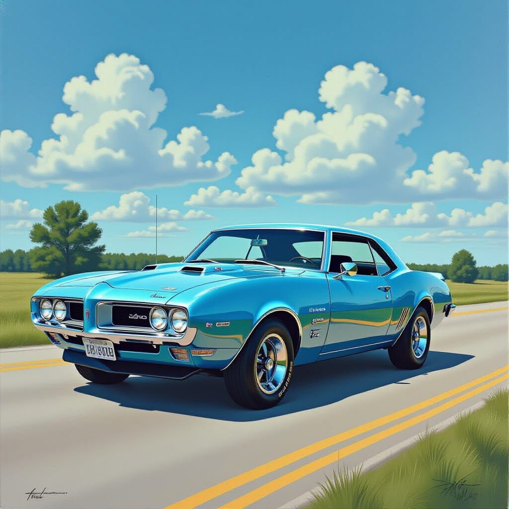 Futuristic 1968 Sky Blue Pontiac Firebird Muscle Car