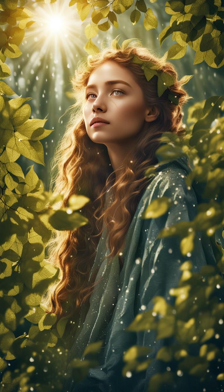 Girl in Leaf Clothes Gazing at Sunlight