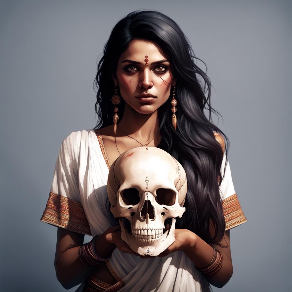 Indian Woman Portrait with Skull, Detailed Art