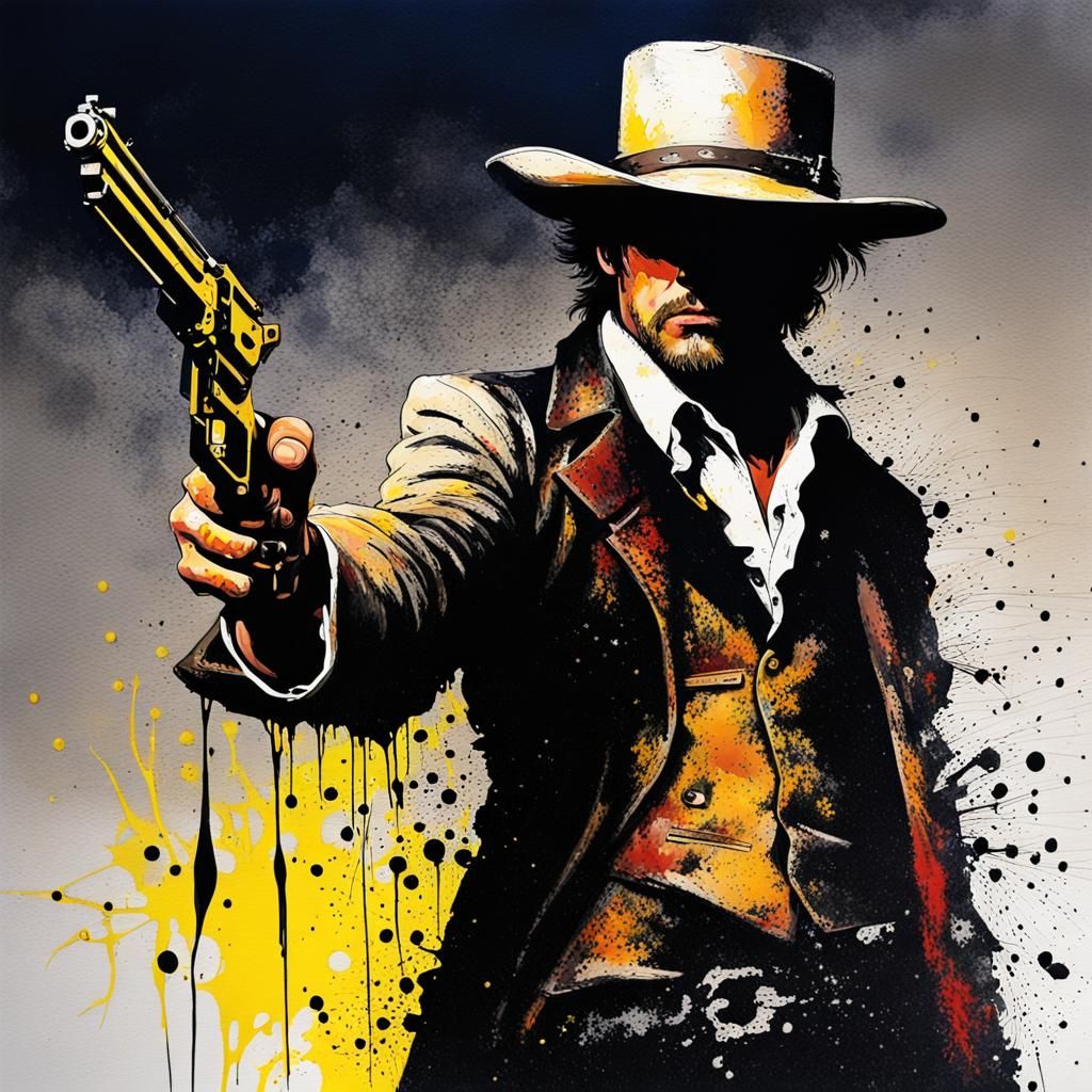 Gunslinger in Oil Painting Style with Splatters