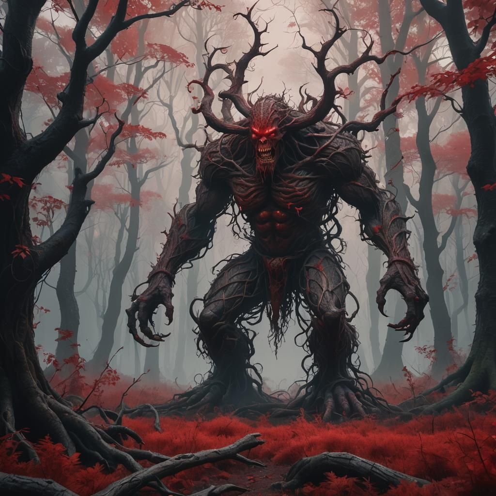 Evil Giant in Red Forest: Detailed Matte Painting
