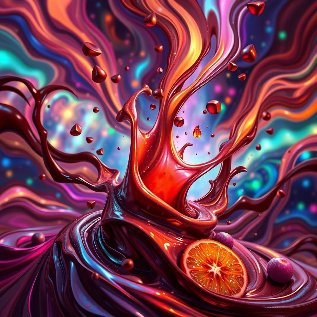 Vibrant Swirl of Chocolate and Fruit in Neon Cityscape