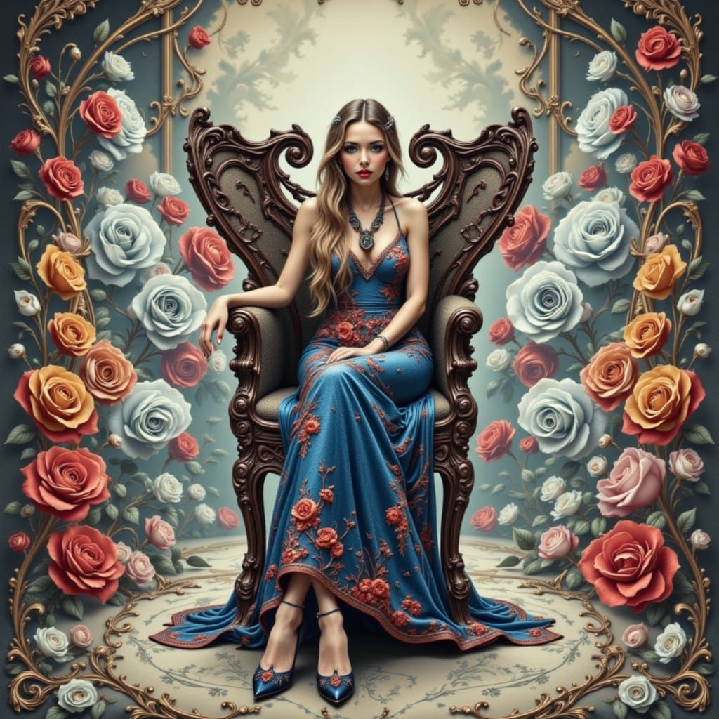 Woman in Ornate Chair Amidst Pop Art Portraits